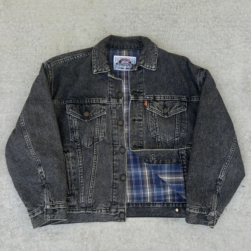 Levi's Authentic Denim Trucker Jacket Medium Black Acid Wash 90s Flannel Lined M